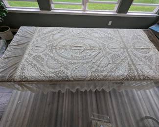 18.)   Handmade 19th Century Normandy Lace Bedspread Embroidered on Swiss Linen Batiste and net.  Silk liner.  Silk lining intact.  Minor age discoloration and 1 small repair.  Structurally sound.  102" x 92"  $450.00  Sale:  $337.00
