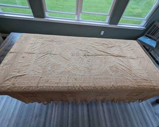 14.)  19th Century Normandy Lace Bedspread Embroidered on Swiss Linen Batiste and net.  French with silk liner.  Silk lining intact.  Some staining.  Accommodation for foot board.Structurally sound.  92" long x 90" wide.  $450.00  Sale:  $337.00