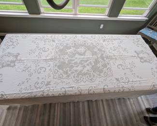 12.)  1916 Sicilian Figural Punchwork Bedcover/Bedspread.   Bedspread comes with a note stating  "Handmade in Sicily by 2 nuns in 1916.  Full size punchwork mosaic figural design.  Made in the hope chest of Angela Mungo."  Scalloped edges.   Minor linen discoloration.  Excellent condition.  102" wide x 110" long.   $460.00  Sale:  $368.00