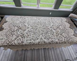 5a.)  ca 1900 Flemish Bobbin Lace Bedspread.  Gold Hew.   Linen tape lace - Belgian.  Probably handmade.  3 dimensional circular medallions.  Heavily scalloped.  Some age discoloration.   1st of 2.  A matching bedspread is available.   96" x 90".   1 of 2  $685.00 for 1 or  $1250.00 for both.  (see next picture for 2nd bedspread.) 
Sale:  $513.00 for 1 or $937.00 for both