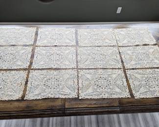 6.)  ca 1900  - Set of 12 Mixed Lace Placemats.  Belgian Tape Lace.  Applique on netting.  Some staining.  18" long x 11" wide.  $325.00  Sale:  $243.00
