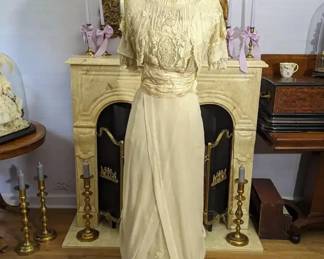 36)  ca 1900's Chiffon Evening/Wedding Dress with Lace and Embroidery.  A couple of areas of damage to netting on front.  Small stain on skirt.  Beautiful lace and embroidery.  Overall condition is very good.    Measures:  Shoulder to Shoulder - 14 ",  Bust - 33",  Waist - 27",  Length 57".     $425.00  Sale:  $340.00
