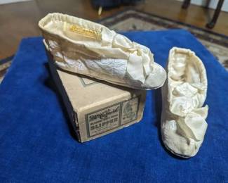 1)  Amazing ca 1918 Pair Children's Satin Slippers in Original Box.  Never Worn.  Manufactured by J.W. McCamish Co. Winchester, Indiana.  Near Mint Condition.   $135.00  Sale:  $99.00