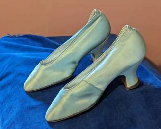4.)  Antique Green Satin Evening Shoes Labeled Frank Brothers, New York.  Shoes and satin are in very good condition but do have some discoloration.  Measures:  9 3/4" x 2 3/4".  $142.00  Sale:  $113.00