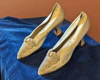 3.)  Ivory Satin Beaded Bridal/Wedding Shoes Labeled Marshall Fields Co. Chicago.  There is some splitting of the satin on the sides and at the toes.  Beautiful for display.  $158.00   Sale:  $115.00