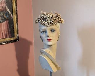 13.)  Gorgeous late 1800's Wax Wedding/Bridal Headpiece on 3 tier wire frame.  $198.00
