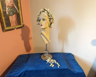 11.)  ca Late 1800's Wax Wedding/Bridal headpiece with extra decorative wax piece.  Wax orange blossoms and buds.  $178.00