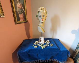 8.)  ca 1880's Wax Wedding/Bridal headpiece with wax boutonniere, extra pieces, and photo of bride and groom.  Excellent condition.  $210.00