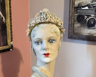 7.) Antique Wax Bridal/Wedding Headpiece on wire frame.  Crown is made with wax orange blossoms and buds.  Beautiful delicate wax bud line three tiers of wires on the top.  Back of headpiece has wax buds on a stem.  Spme of the stems are missing the buds. Very unusual and lovey!! 6" diameter.  Excellent condition.  $196.00