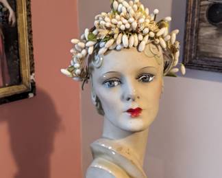 6.) ca late 1800's Wax Bridal/ Wedding  Headpiece.  Orange blossoms and buds with leaves on wire frame.  6" diameter.  Excellent condition.  $ 196.00