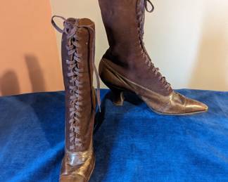 8.)  Antique brown suede and leather lace up shoes.  Suede in excellent condition.  Some wear to the leather.  Appropriate for age.  Stamped Steigerwalt on the bottom.  Measures:  10" long x 2 3/4" wide x 10 1/4" high.  $  115.00  Sale:  $92.00