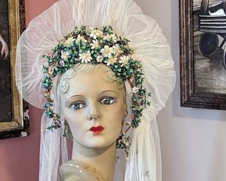 3.)  Amazing Wedding Crown with Wax Flowers and Leaves on wire frame.  1 small spot on veil.  $240.00