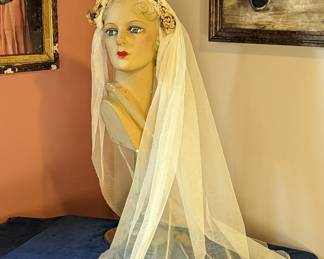 1.)  Wax Flower and Lace Wedding headpiece with Veil.  Wax flowers slightly bent.  $65.00