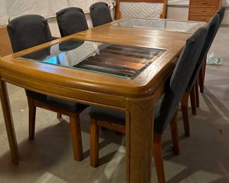 Vintage oak and glass dining table with 6 chairs