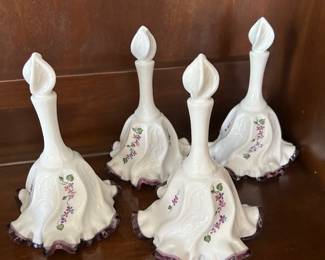 Vintage Fenton Plum Crest Lilacs and Paisley Pattern Hand Painted White Milk Glass Ruffled Edge Bell 