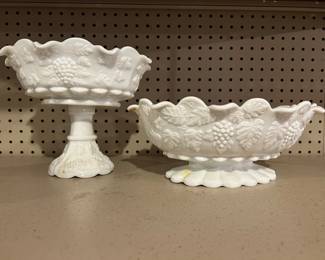 WESTMORELAND GRAPEVINE MILK GLASS OVAL PEDESTAL BOWL-RUFFLED EDGE AND COMPOTE