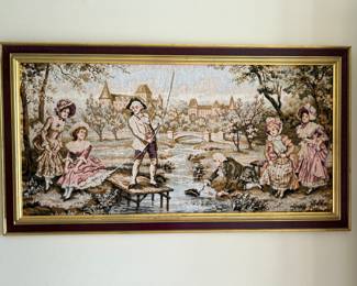 Vintage Framed Fine Art Tapestry 17th Century French Country Pastoral Scene