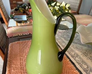 Mid Century Modern Empoli Glass Verde Cased Hand Blown Pitcher 