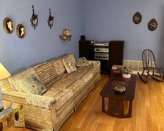 Front room, leftside:  super soft velvet-y retro sofa, MCM coffee table, JVC stereo system