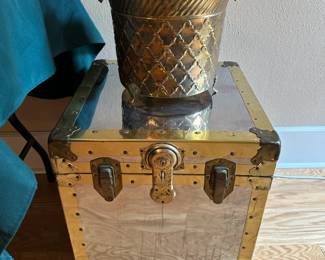Second metal-clad brass-trim trunk table and brass planter