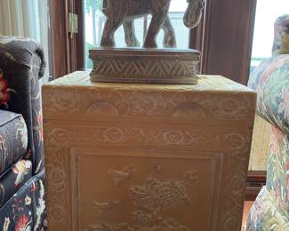 elephant lamp and carved end table 