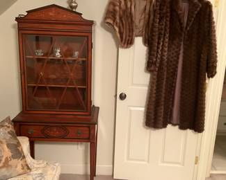 Full Length Mink Coat-$300.                                                           Landstrom marquetry inlaid curio cabinet-$300