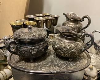Galmer Sterling Silver Repousse creamer sugar & underplate set-$1,500