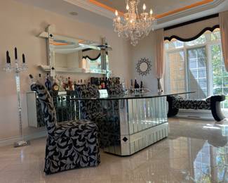 Mirrored Dining Room Table w/ Glass and Six Fabric Chairs