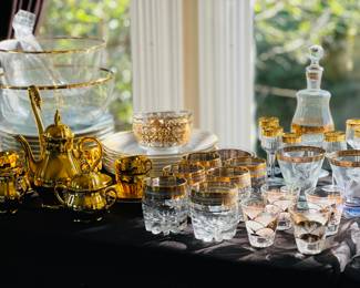 Vtg Acid Etched Gold Rimmed Crystal Claret Wine Glasses, Vtg Gold Salad Bowls w/ Gold Rims