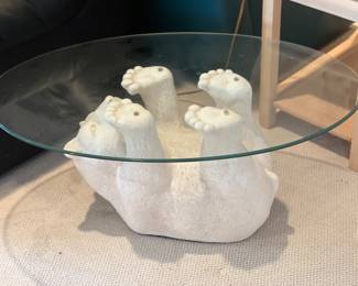 Mid-Century Modern Polar Bear Cub Cocktail Coffee Table Oval Glass Top