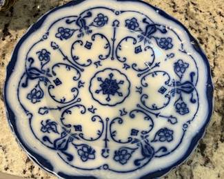 Antique "New Wharf" flow blue plates in Conway pattern