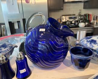 Rare Imperial Glass rippled cobalt glass tilted ball pitcher.