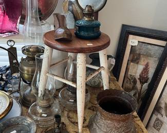 Antique milk stool, wall oil lamp w/ reflector and so much else!
