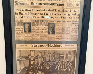 Framed vintage 1933/34 "IBM Business Machines" newspapers