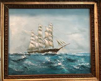 Framed oil painting by maritime artist William Baille, well known for painting tall ships.