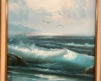 Framed oil painting of waves breaking by seascape artist Richard A. Kirkham (signed A. Kirkham)