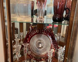 Inside is FILLED with beautiful glass candlesticks, humidor, cranberry glass & more!