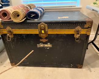 Early 1900's "Mendel-Trunx" flattop steamer trunk w/ Steamship stickers! OUTSTANDING!!