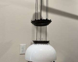 And we have this RARE beauty: Bradley & Hubbard oil lamp pat. 1877. Ornate cast iron. Has everything but smoke bell. 