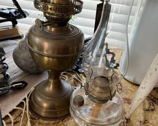 Antique brass Duplex oil lamp and a glass font oil lamp.