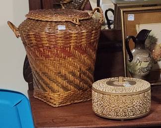 Large Choctaw storage basket, and vintage vanity items