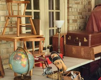 Childs table and chairs, vintage globe by Repogle, vintage leather luggage