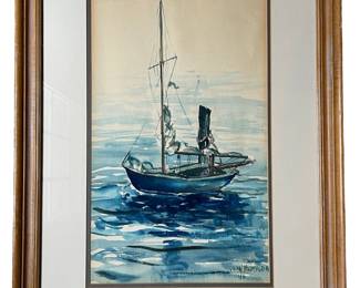 $150  Joan Thompson '46 Sail Boat Water Color GH113-2                                                                         
Description: Quiet, peaceful moored sailboat done in subtle watercolors

Dimensions: 21 x 29"H

Condition: Very good

Local pick up Bethesda, MD.  Contact us for shipping suggestions.