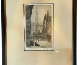 $200 - Georgetown University Ink Etching Drawing by Don Swann. Pencil Signed & Numbered.                                                                                               
Artist Don Swann, born in Florida in 1889, studied art in Rome and Munich before returning to America where he resided in Baltimore until his death in 1954. Don Swann was an artist who also worked as a writer and engraver, illustrating significant structures, mostly in and around Washington D.C. and Baltimore. Much of his work is in permanent collections of the U.S. Naval Museum, the Smithsonian, the Metropolitan Museum of Art, and the Library of Congress, as well as many notable private collections. His sizable body of historic Americana includes many of Don Swann's etchings. 

Artist Don Swann's work included schools, universities, ships, trees, and a U.S. Navy series. Some of Don Swann's prints for sale are rendered in color. His 1939 book, a collection of prints entitled, Colonial and Historic Homes o