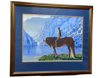 $300 - Signed Kathy Roeckl Gold Framed "DayBreak" 11/150 Lithograph CD67-40                              
Description: Gorgeous Landscape by artist Kathy Roeckl with Horse and rider in the forefront. Framed in a simple gold frame.

Condition: Very Good

Dimensions: 28 x 33

Local pick up Bethesda, MD.  Contact us for shipper suggestions.