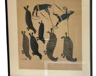 $900 - Inuit Artist Kiakshuk Stone Cut Print "Seal Hunt" Art JV189-18                                                                                                 The "Seal Hunt" stone cut print by Unuit artist Kiakshug (1886-1966).

Dimensions: 30 x 28"

Condition: Very good

Local pick up Chevy Chase, MD.  Contact us for shipper suggestions.