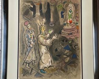 Marc Chagall Lithograph with COA. Exodus 451 – Let my people go. Moses and Aaron with Pharaoh                                Dimensions: 21 x 26"H                                                                            Condition: Lithograph is in good condition.  Frame is bent