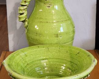 Spiral Green Ceramic Pitcher w/ Bowl