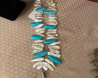 Designer pearl and turquoise with sterling beads becklace