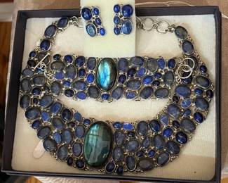 Sterling back with Lapis stones, necklace, bracelet and earrings
